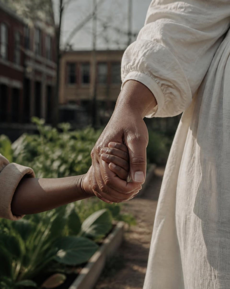 An adult and child holding hands outdoors.