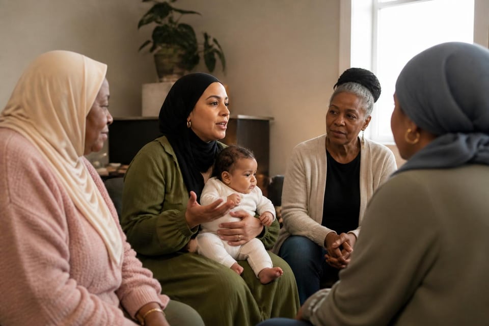Women of different generations sit in conversation with a baby.