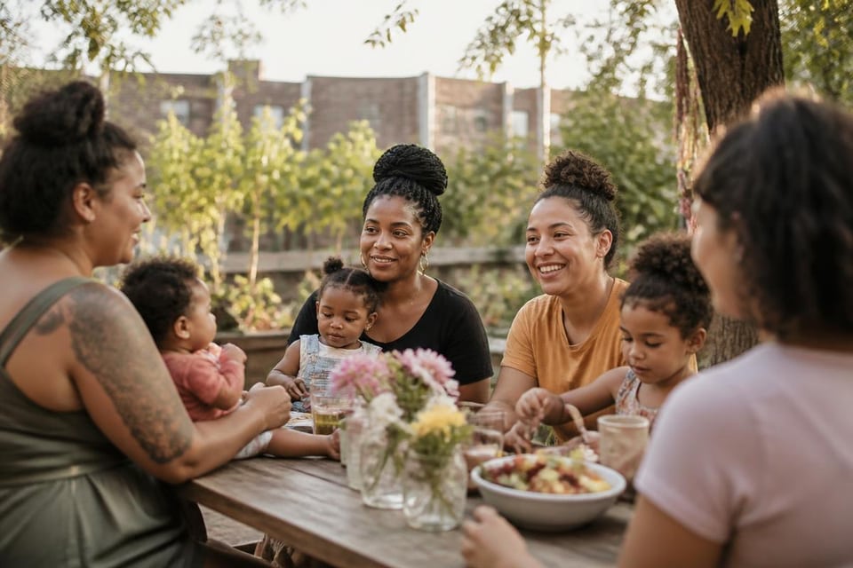 Women and children gather around a table outdoors.