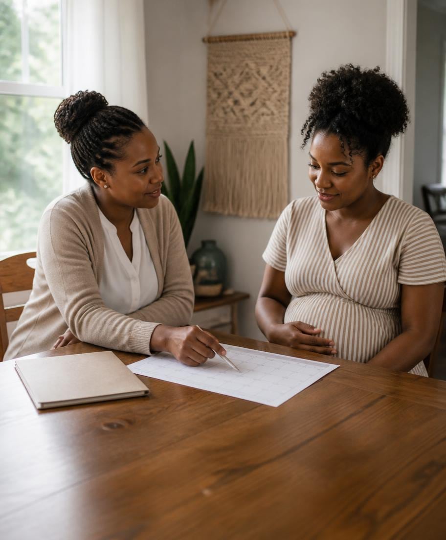 Two women look through a planning document together.