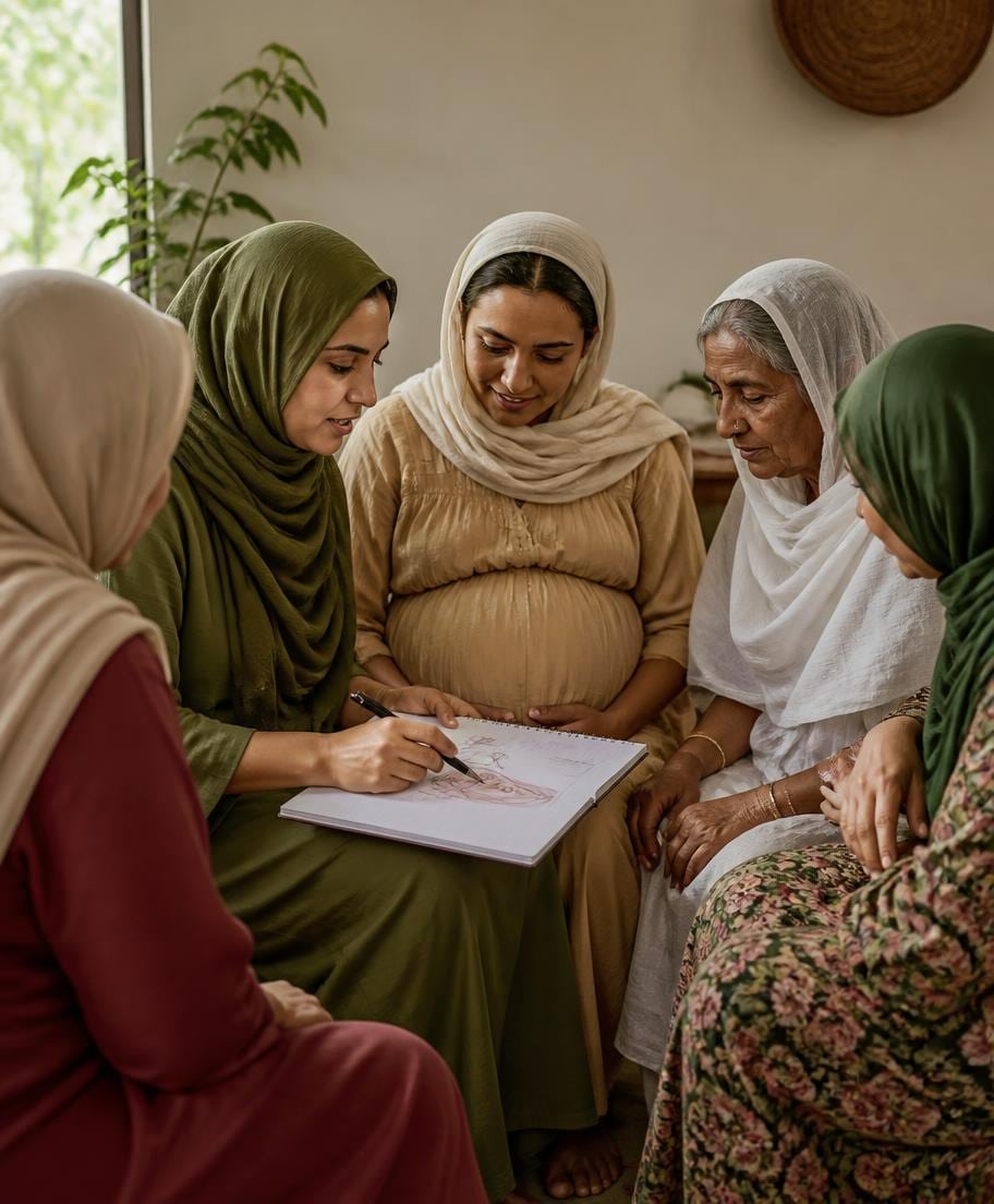 Women looking at a notebook together.