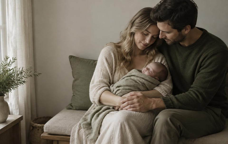Two parents hold their sleeping newborn in a sunlit room.