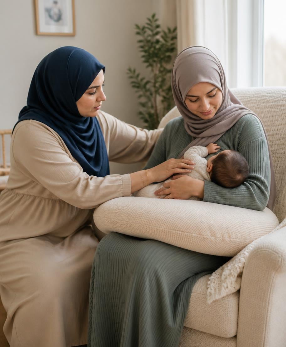 Two women sit together with a baby in a warm room.