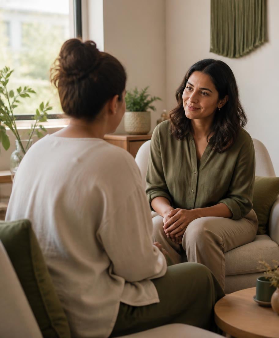 Two women listening to one another in a sitting room.