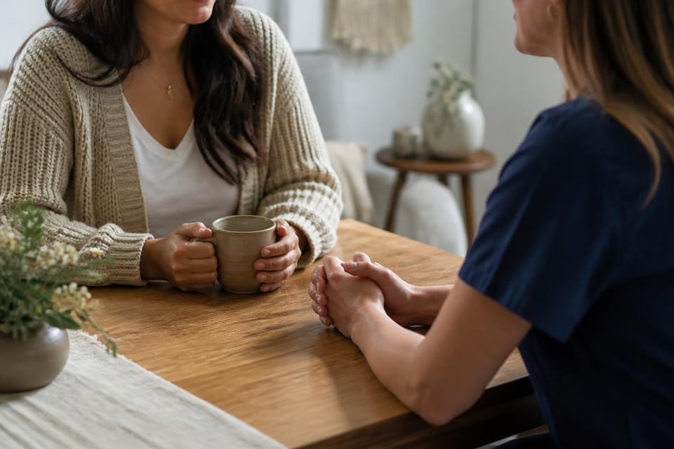 Hands around a ceramic mug during a conversation at a wooden table.